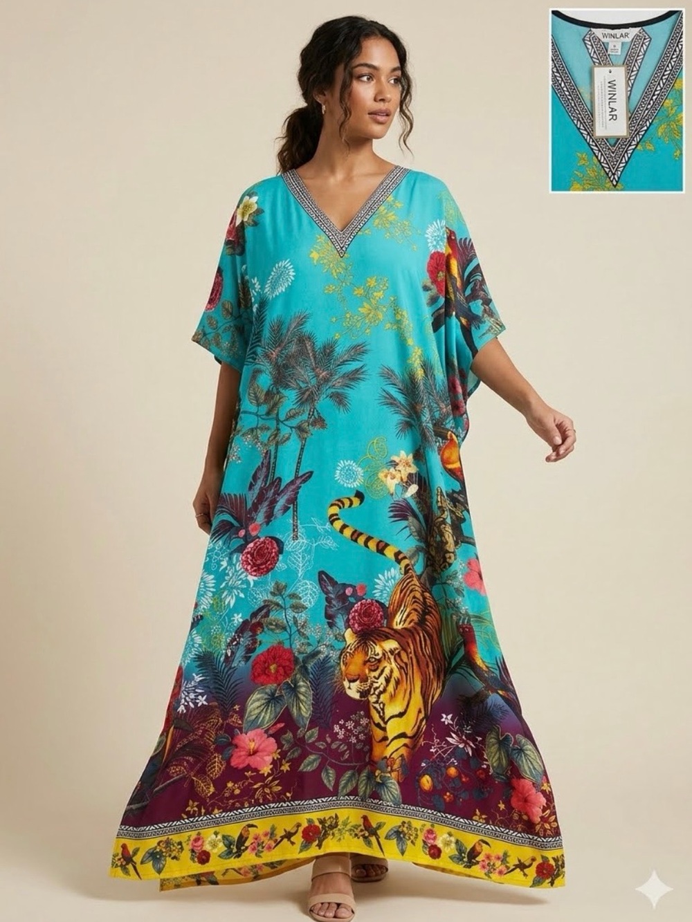 WINLAR kaftan kimono turquoise tropical jungle print V-neck one size NWT